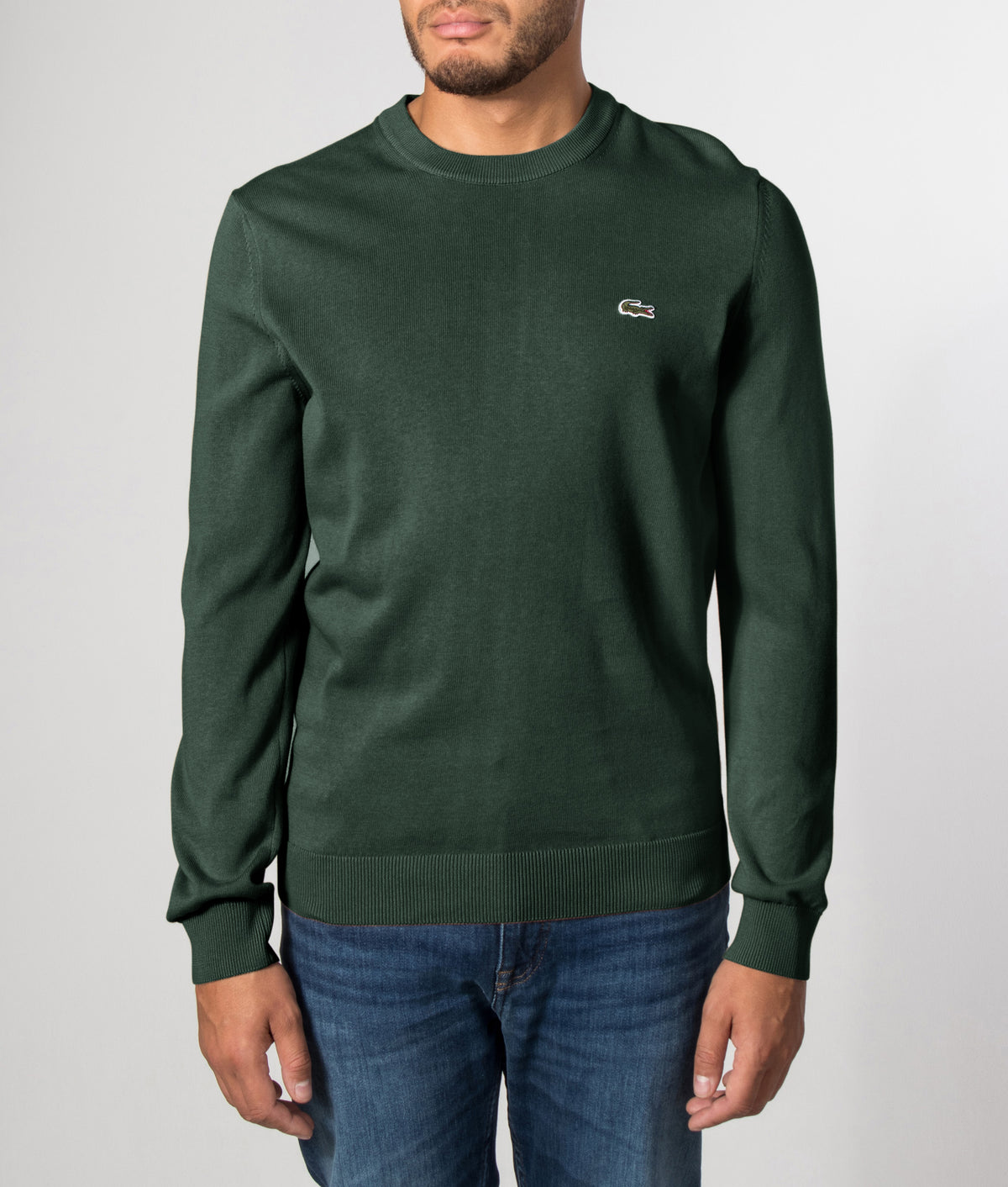 Lacoste Regular Fit Croc Logo Knitted Jumper in Sinople at EQVVS Menswear. Front model shot.