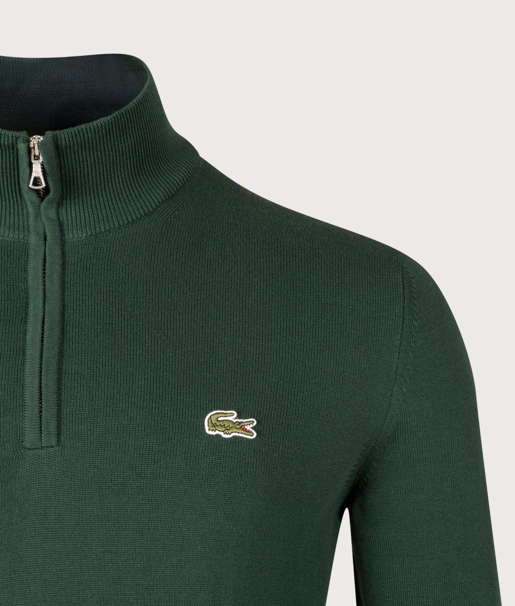 Lacoste Regular Fit Quarter Zip Knit Jumper in Sinople at EQVVS Menswear. Detail shot.