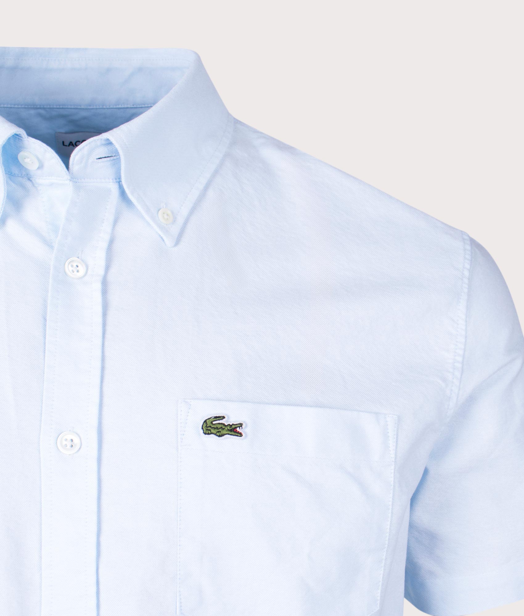 Lacoste Short Sleeve Oxford Shirt White and Blue Detail Shot EQVVS