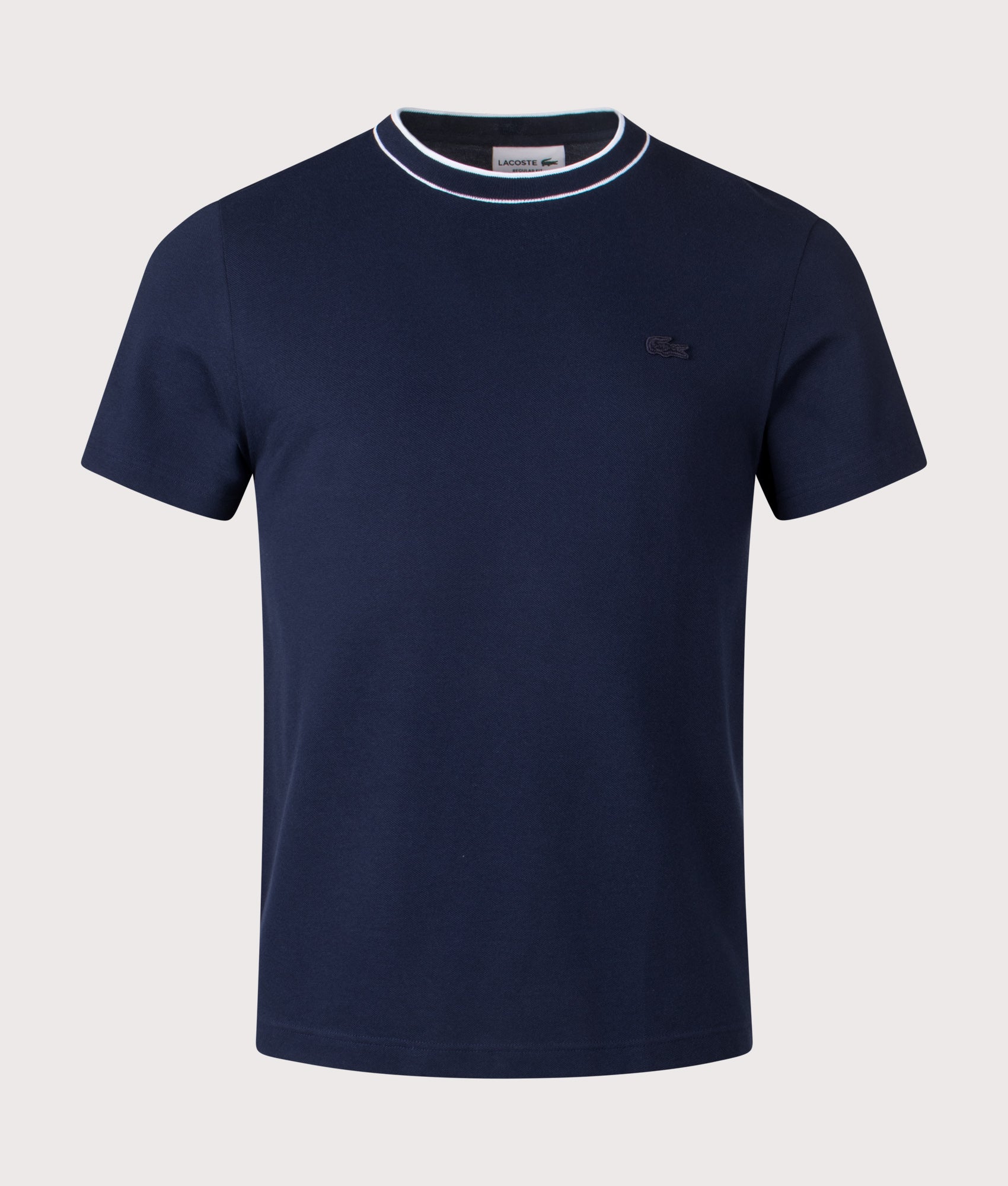 Lacoste Striped Collar T-Shirt in Navy Blue at EQVVS Menswear. Front shot.