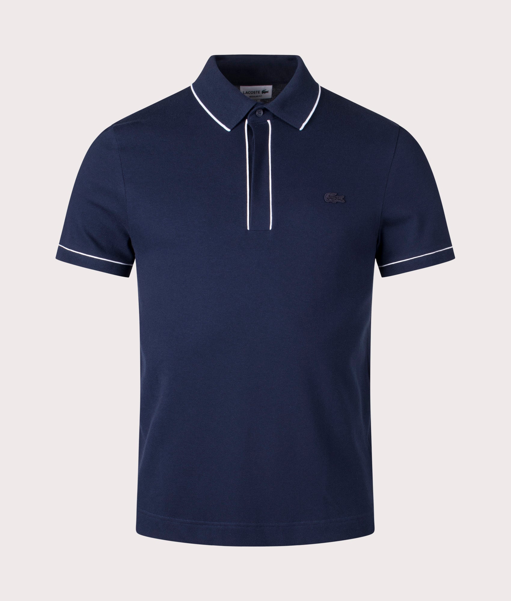 Lacoste Ribbed Collar Shirt in Navy Blue. Front angle shot at EQVVS.