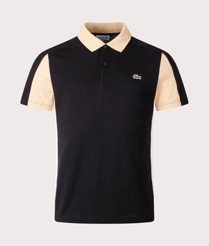 Lacoste Cotton Piqué Colourblock Polo Shirt in Black, Croissant Yellow and Flour White, 100% Cotton Front Shot at EQVVS 