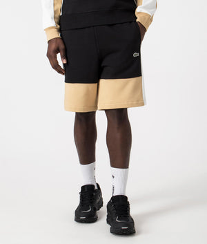 Regular Fit Brushed Fleece Colourblock Sweat Shorts in Black by Lacoste. EQVVS Front Angle Shot.