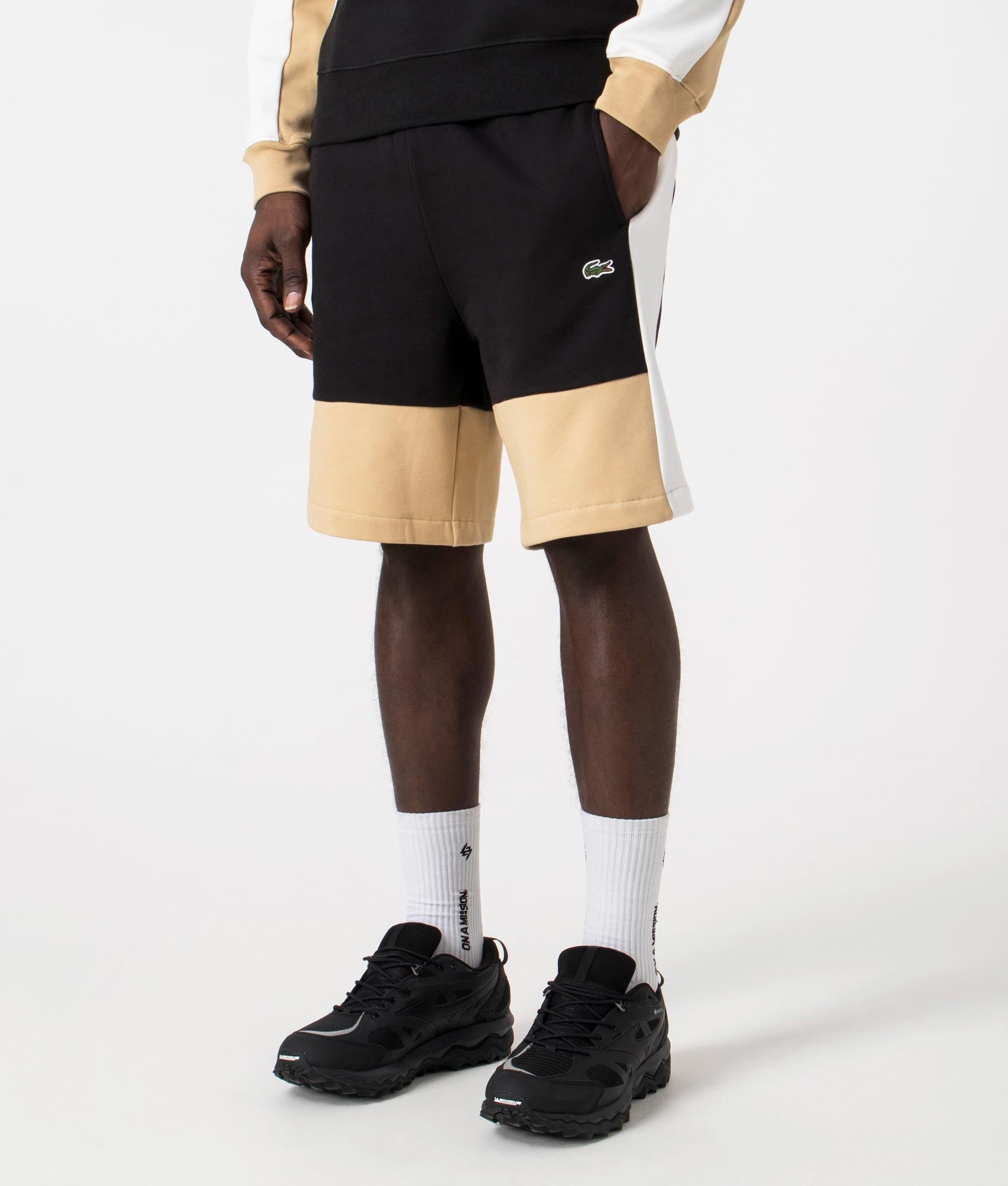 Regular Fit Brushed Fleece Colourblock Sweat Shorts in Black by Lacoste. EQVVS Side Angle Shot.