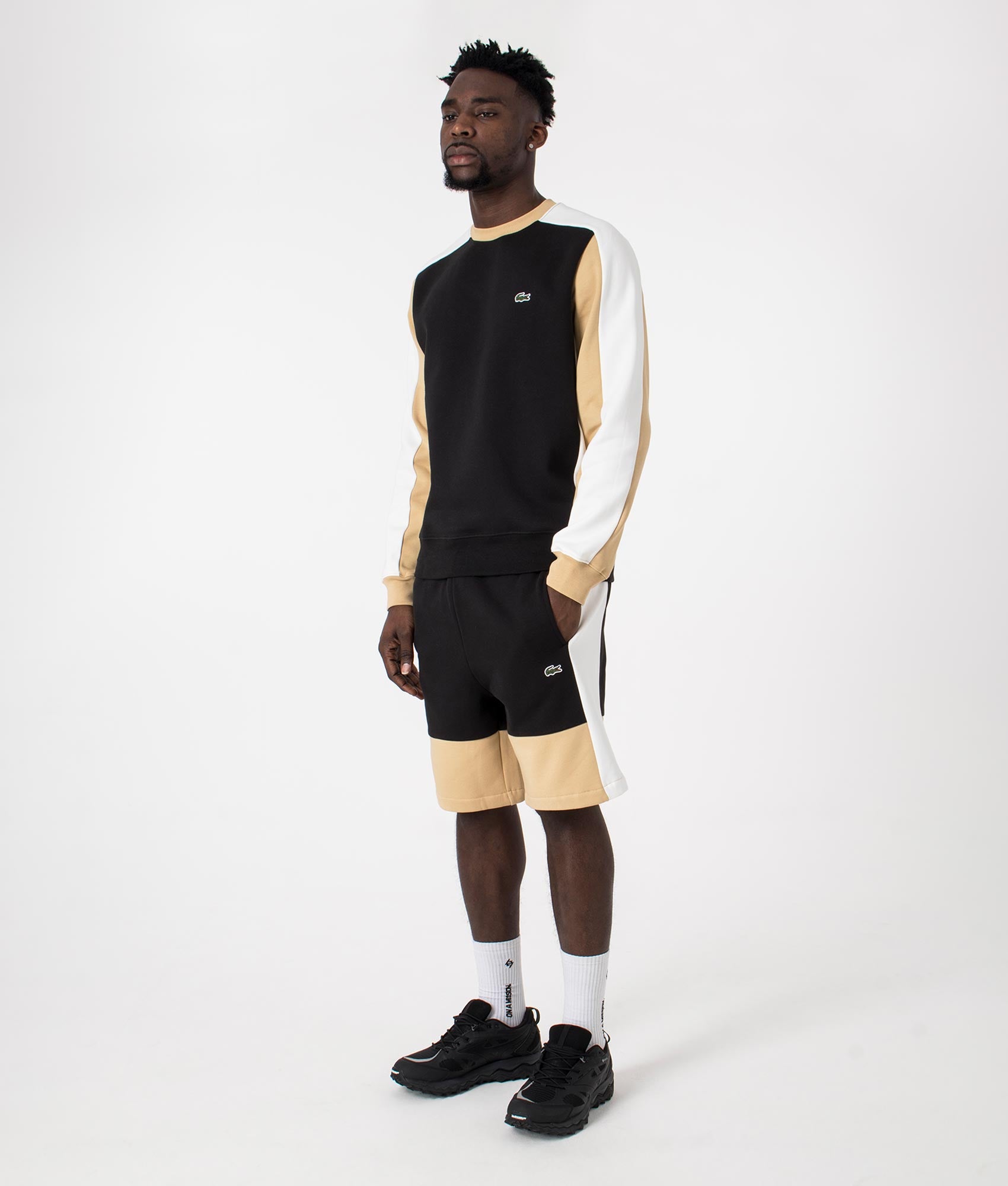 Regular Fit Brushed Fleece Colourblock Sweat Shorts in Black by Lacoste. EQVVS Full Shot.