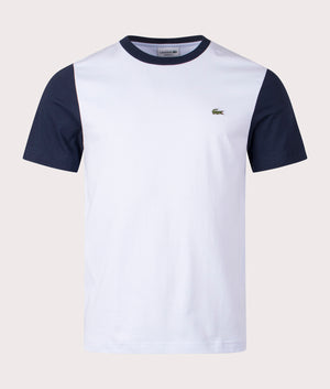 Lacoste Colour Block T-Shirt in Phoenix and Navy Blue, 100% Cotton Front Shot at EQVVS
