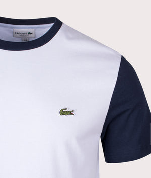 Lacoste Colour Block T-Shirt in Phoenix and Navy Blue, 100% Cotton Detail Shot at EQVVS