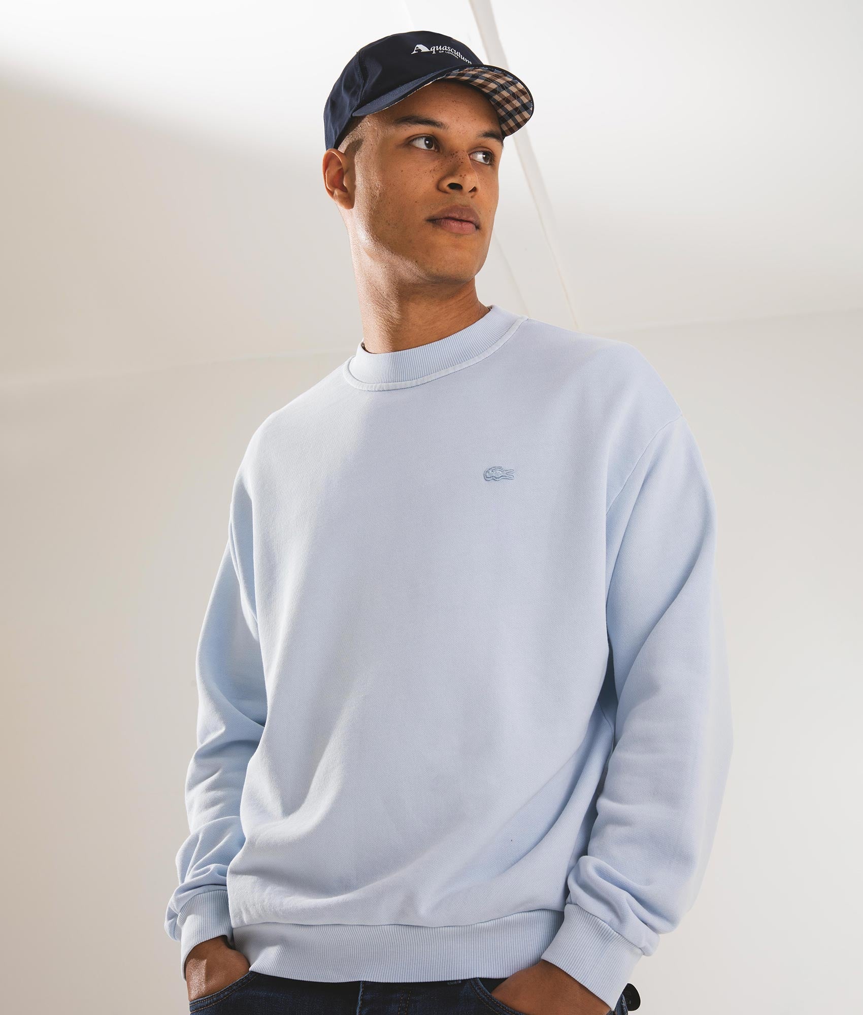 Logo Sweatshirt in Eco Skyway by Lacoste. EQVVS Campaign Shot.