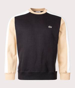 Lacoste Brushed Fleece Colourblock Sweatshirt in Black, Croissant Yellow and Flour White front Shot at EQVVS