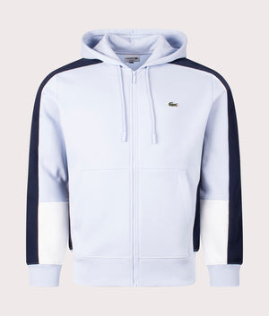 Lacoste Colourblock Hoodie in Phoenix Blue, Navy and Flour White Front Shot at EQVVS
