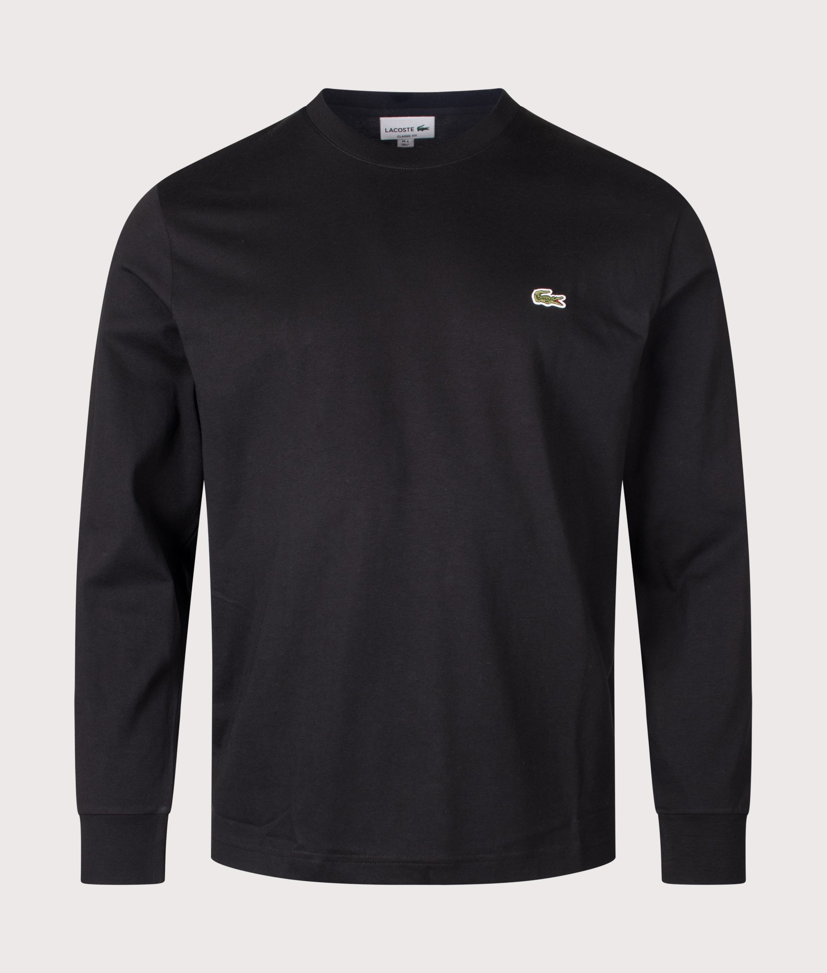 Lacoste Classic Fit Long Sleeved Cotton T-Shirt in Black at EQVVS Menswear. Front shot.