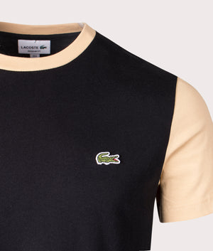 Lacoste Colour Block T-Shirt in Black and Croissant Yellow, 100% Cotton Detail Shot at EQVVS