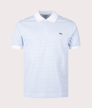 Ribbed Collar Striped Polo Shirt in White by Lacoste. EQVVS Front Angle Shot.