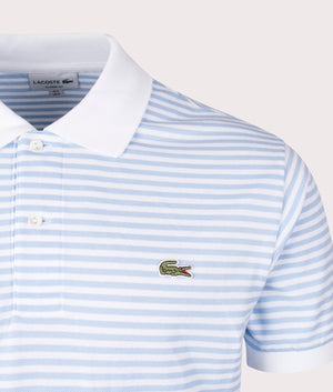 Ribbed Collar Striped Polo Shirt in White by Lacoste. EQVVS Detail Shot.