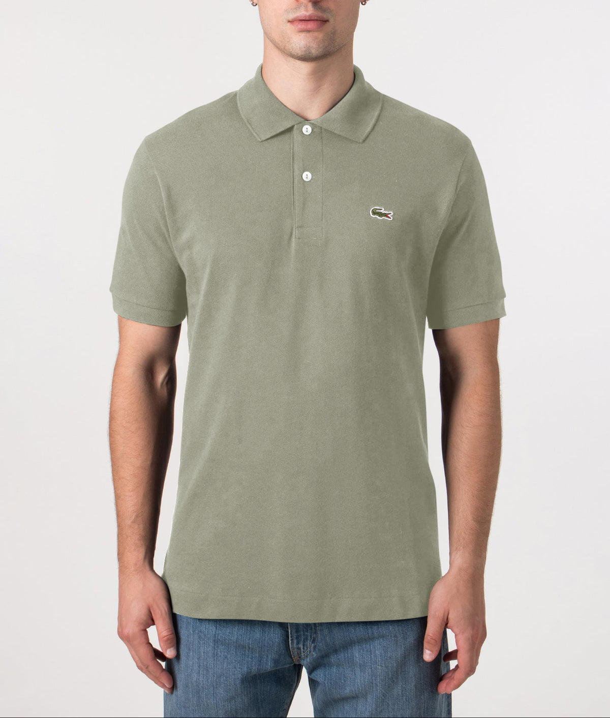 Lacoste L1212 Croc Polo Shirt White at EQVVS Menswear. Front model shot.