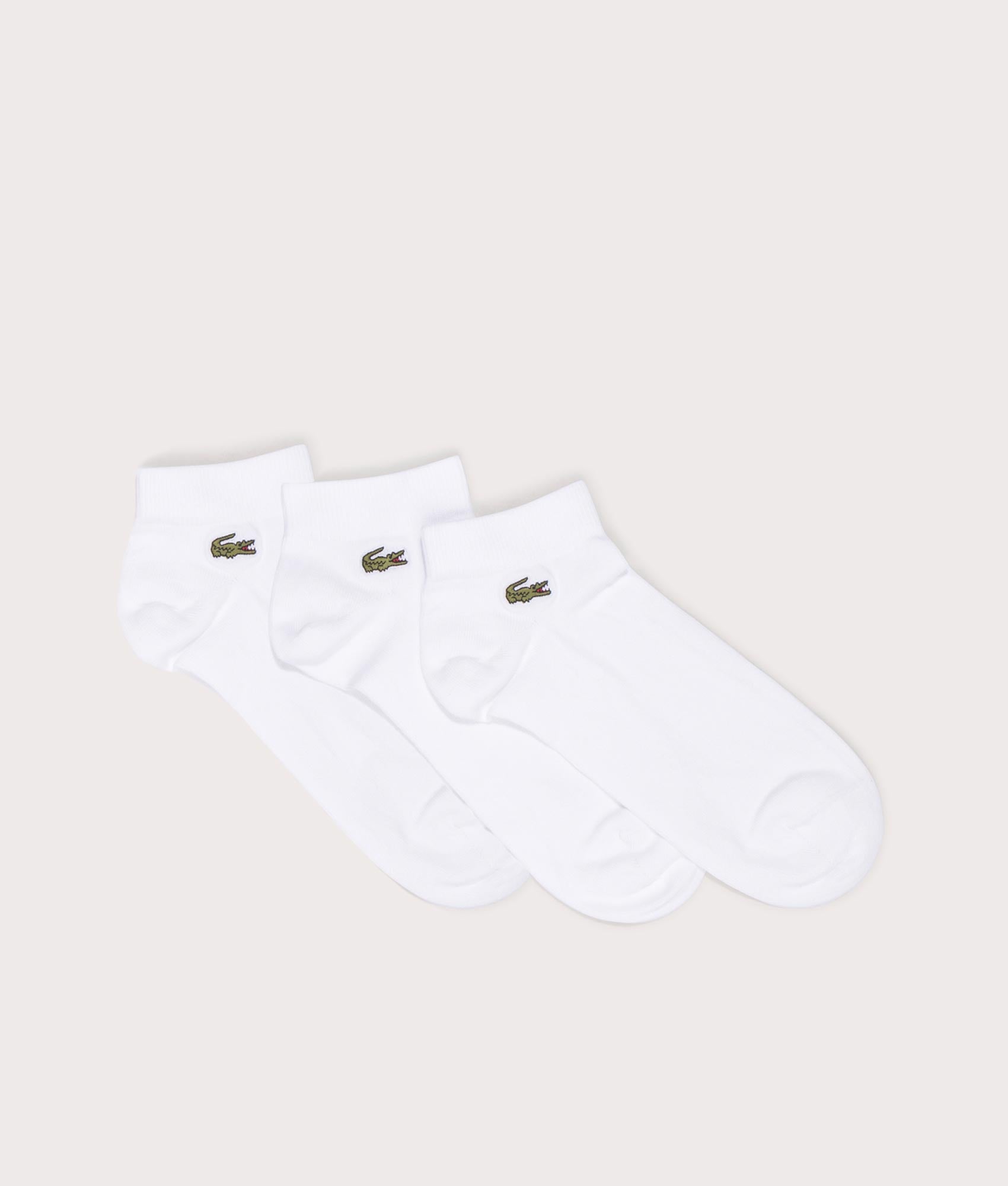 Lacoste 3 Pack Low Socks in White . Shot at EQVVS.  Side detail shot 