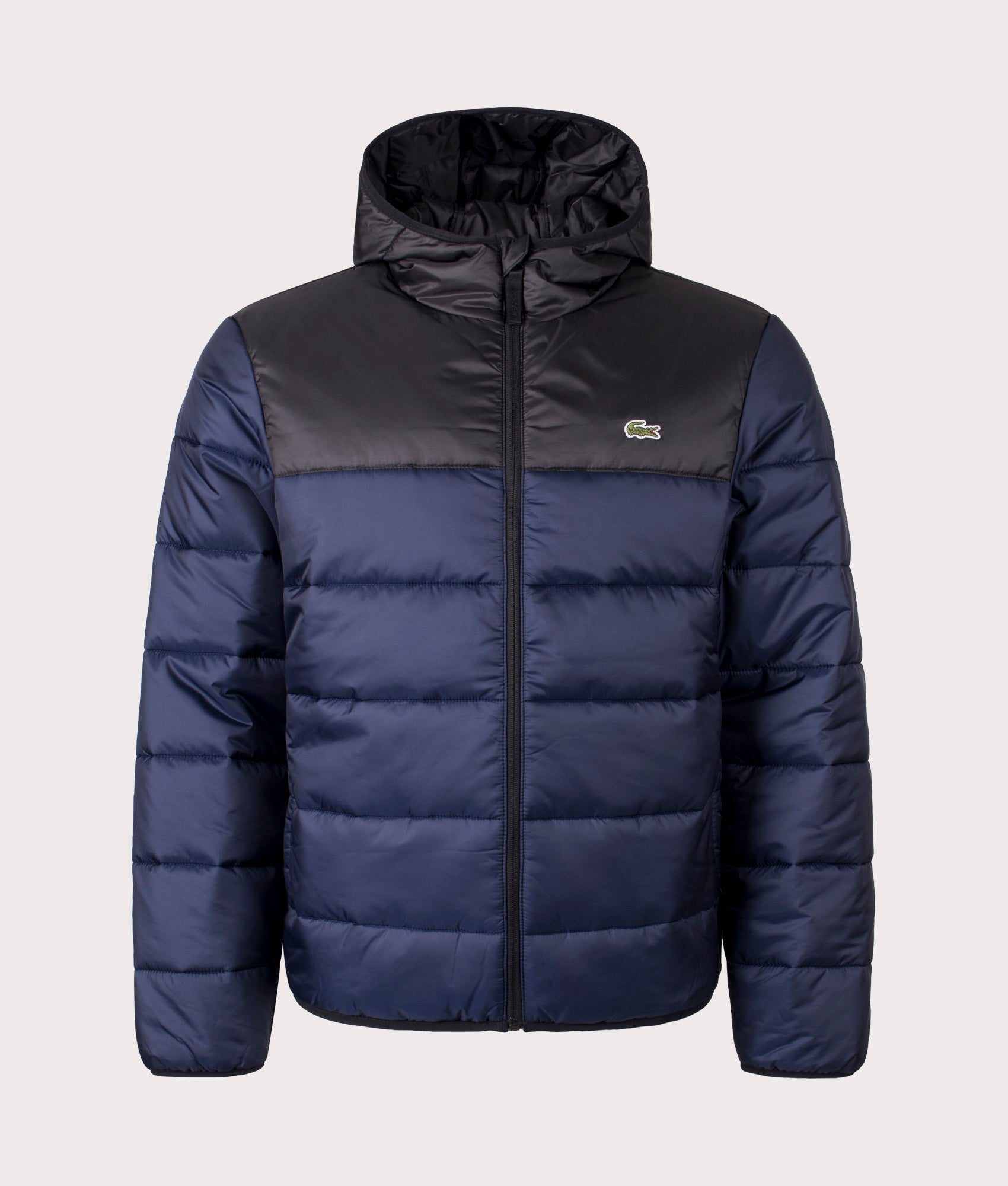 Lacoste Padded Hooded Jacket in Navy Blue and Black at EQVVS. Front Shot