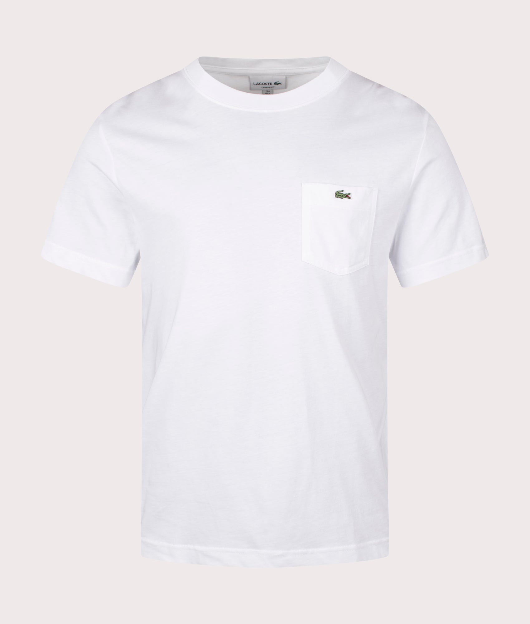 Lacoste Chest Pocket Cotton T-Shirt in White. Shot at EQVVS. Front Shot