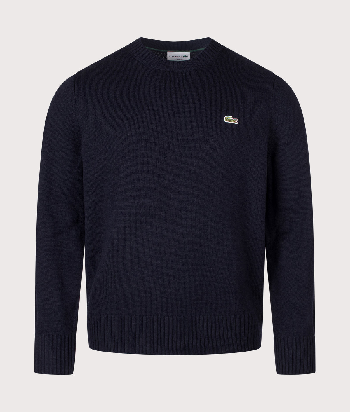 Lacoste Classic Fit Wool Crewneck Jumper  in Navy Blue at EQVVS Menswear. Front shot.