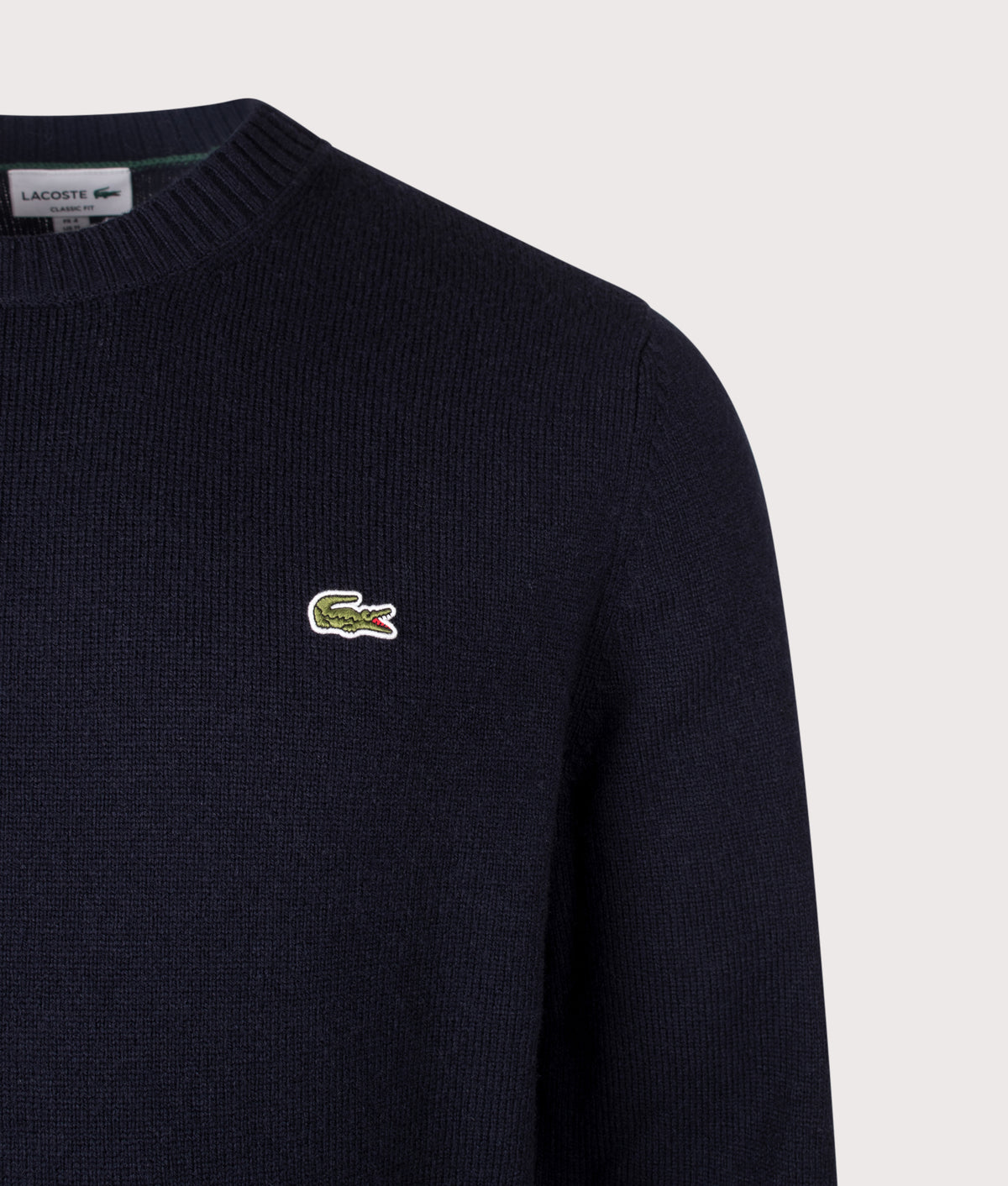 Lacoste Classic Fit Wool Crewneck Jumper  in Navy Blue at EQVVS Menswear. Detail shot.