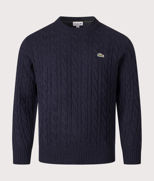 Cable Knit Jumper in Navy Blue | 100% Wool | Lacoste | EQVVS | Front shot 