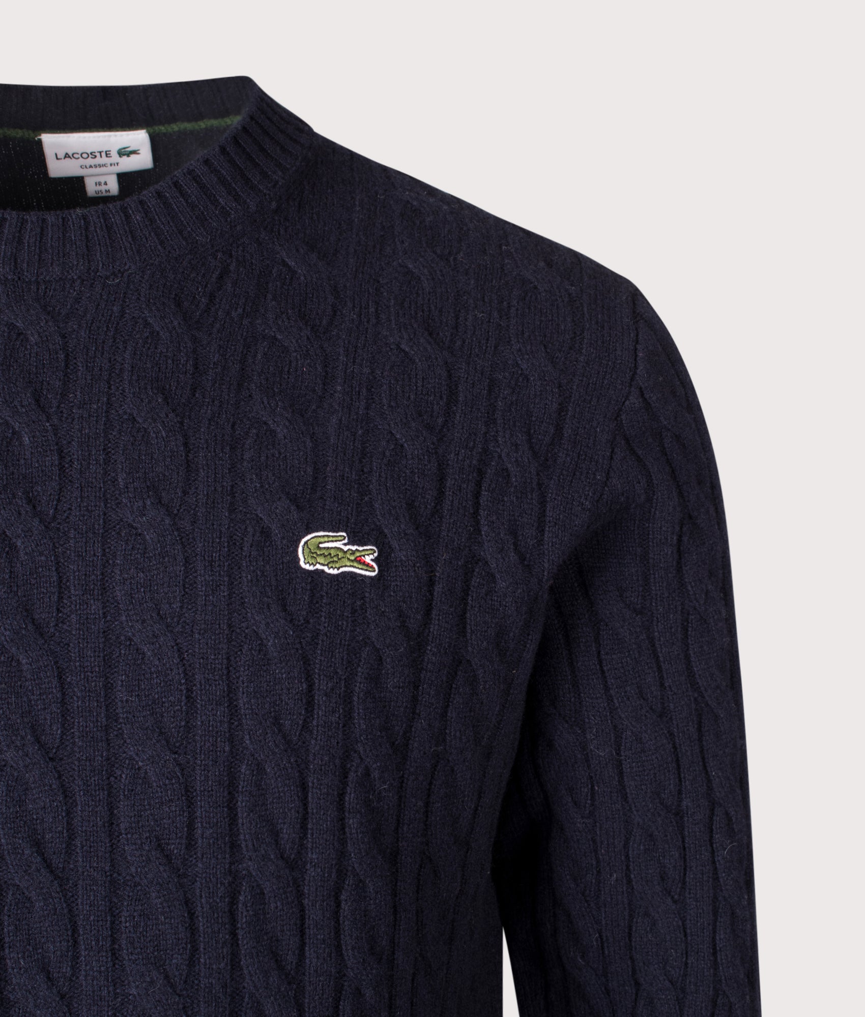 Cable Knit Jumper in Navy Blue | 100% Wool | Lacoste | EQVVS | Front detail shot 