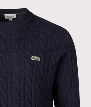 Cable Knit Jumper in Navy Blue | 100% Wool | Lacoste | EQVVS | Front detail shot 