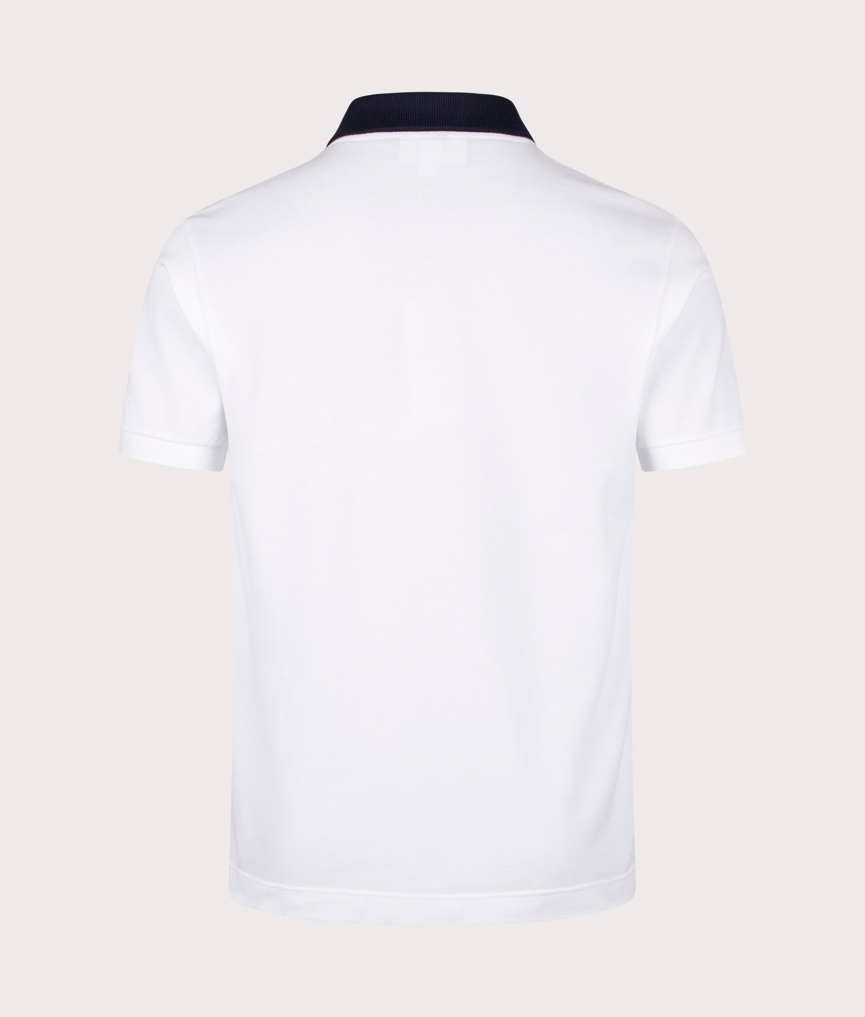 Lacoste Ribbed Collar Polo Shirt in White and Navy. EQVVS back shot.