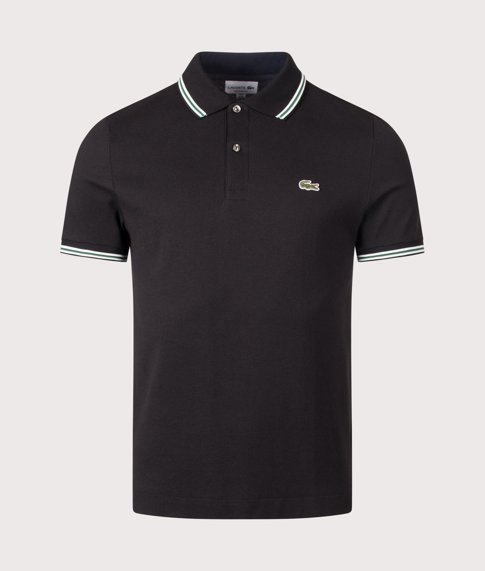 Lacoste Regular Fit Tipped Polo Shirt in Light Black at EQVVS Menswear. Front shot.