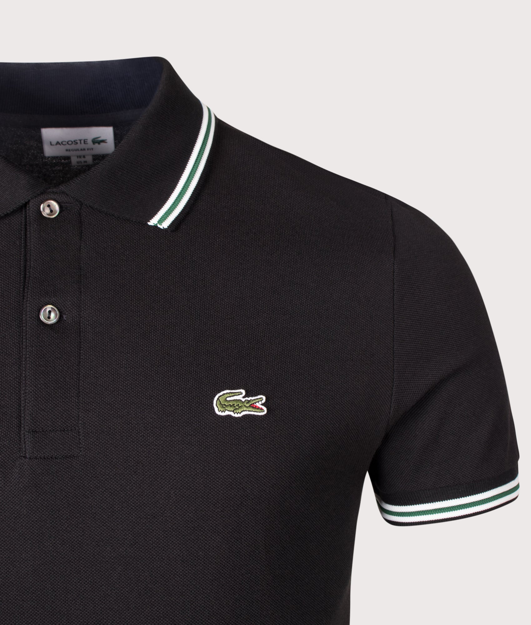 Lacoste Regular Fit Tipped Polo Shirt in Light Black at EQVVS Menswear. Front shot.
