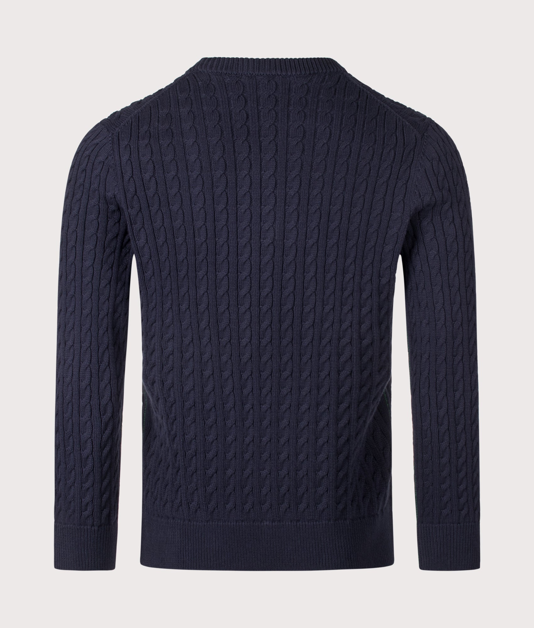 Lacoste Regular Fit Cable Knitted Jumper in Navy Blue and Green at EQVVS Menswear. Back shot.