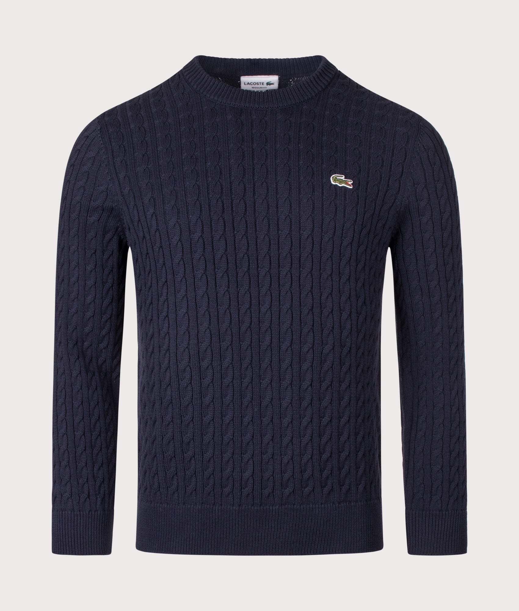 Lacoste Regular Fit Cable Knitted Jumper in Navy Blue and Green at EQVVS Menswear. Front shot.