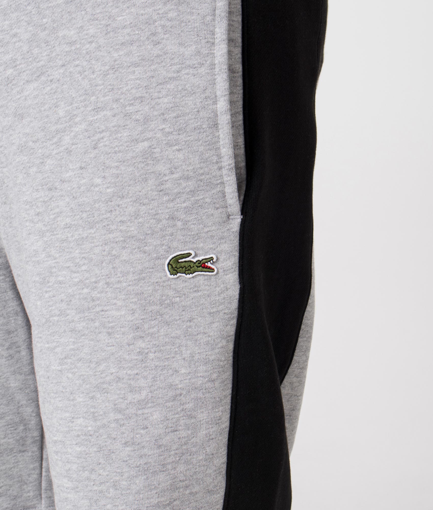 Lacoste Cotton Fleece Colour-Block Shorts in Silver Chine/Black. Shot at EQVVS. Detail shot. 