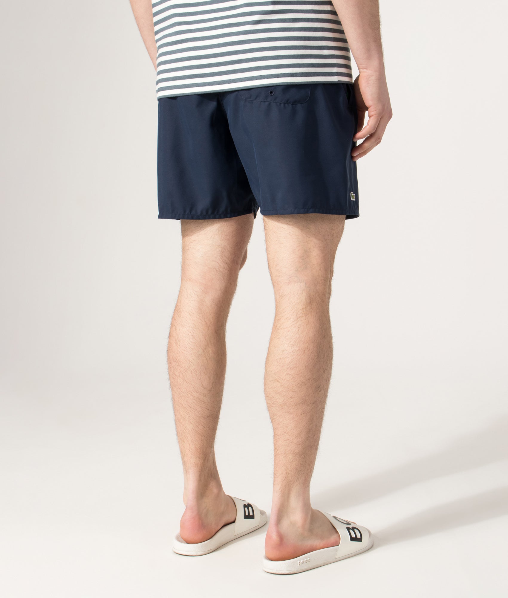 Lacoste Swim shorts in Navy and Green at EQVVS Menswear. Angled back shot.