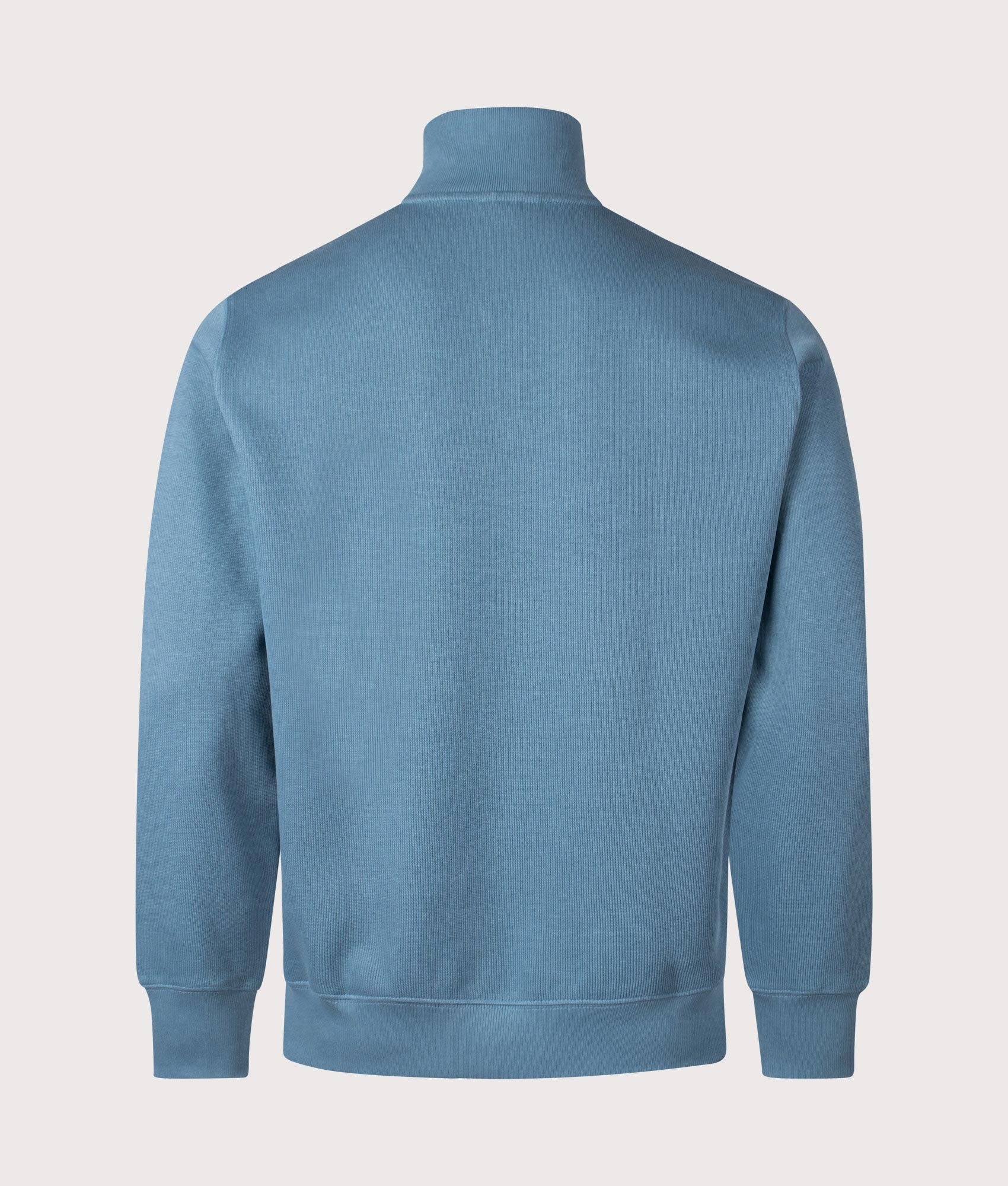 Lacoste Quarter Zip High Neck Interlock Sweatshirt in Limestone. Shot at EQVVS.  Back shot. 