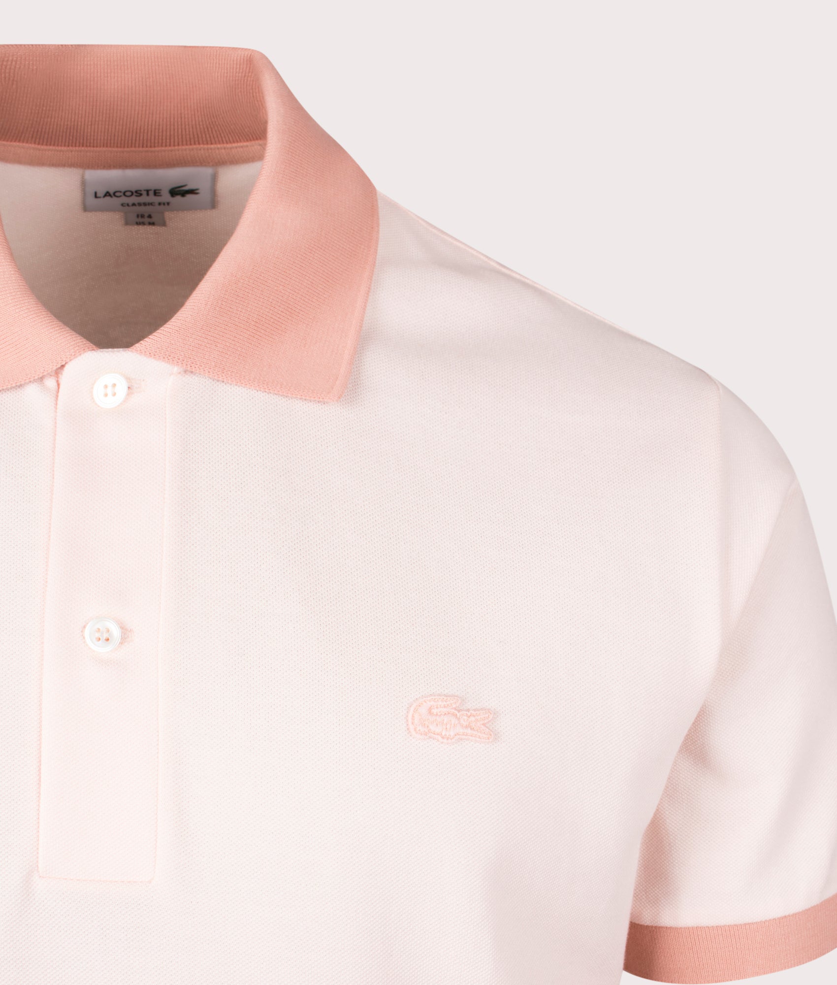 Lacoste Ribbed Collar Polo Shirt in a angora and latte gradient at EQVVS. Front Detail Shot.