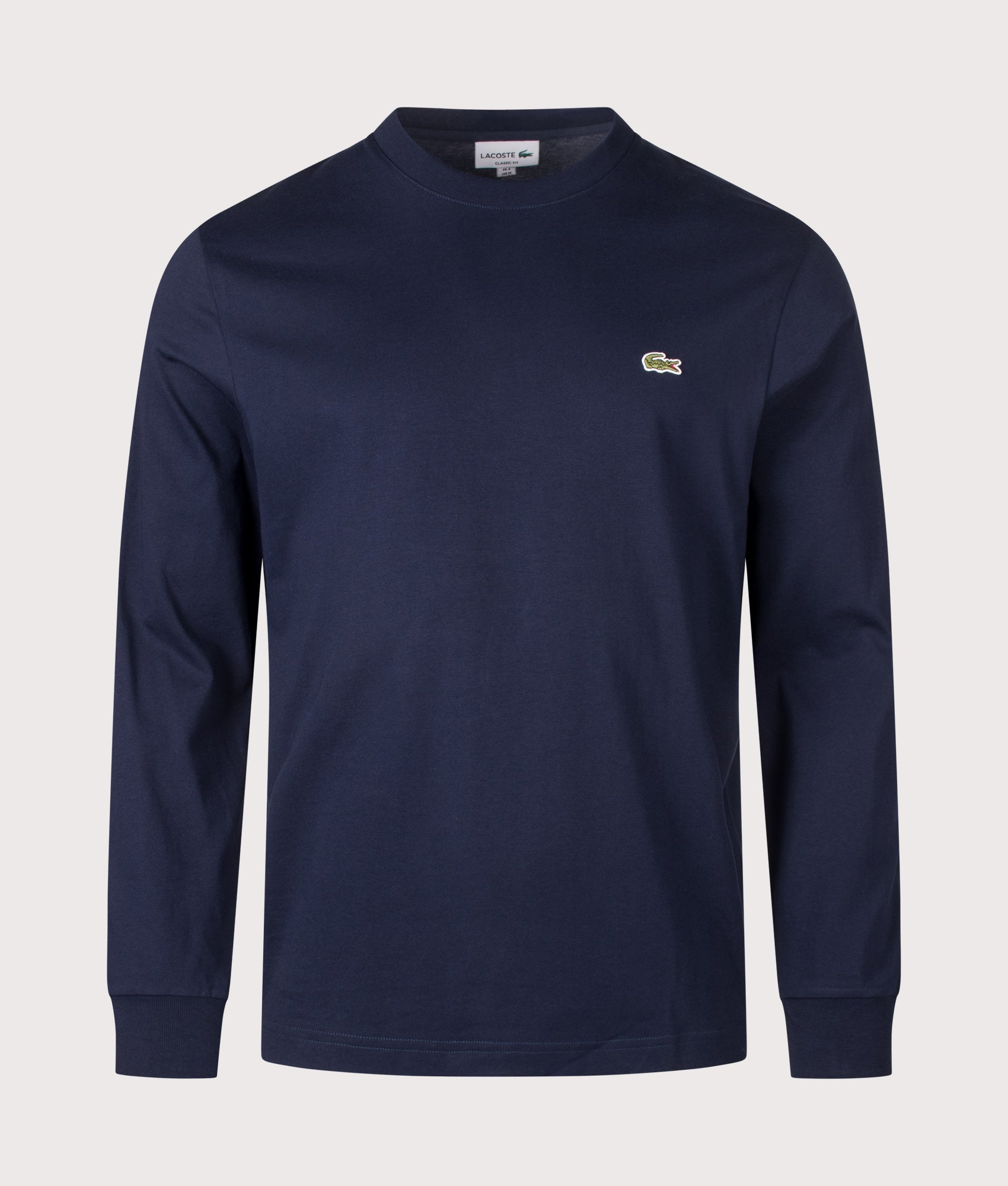 Lacoste Classic Fit Long Sleeved Cotton T-Shirt in Navy Blue at EQVVS Menswear. Front shot.