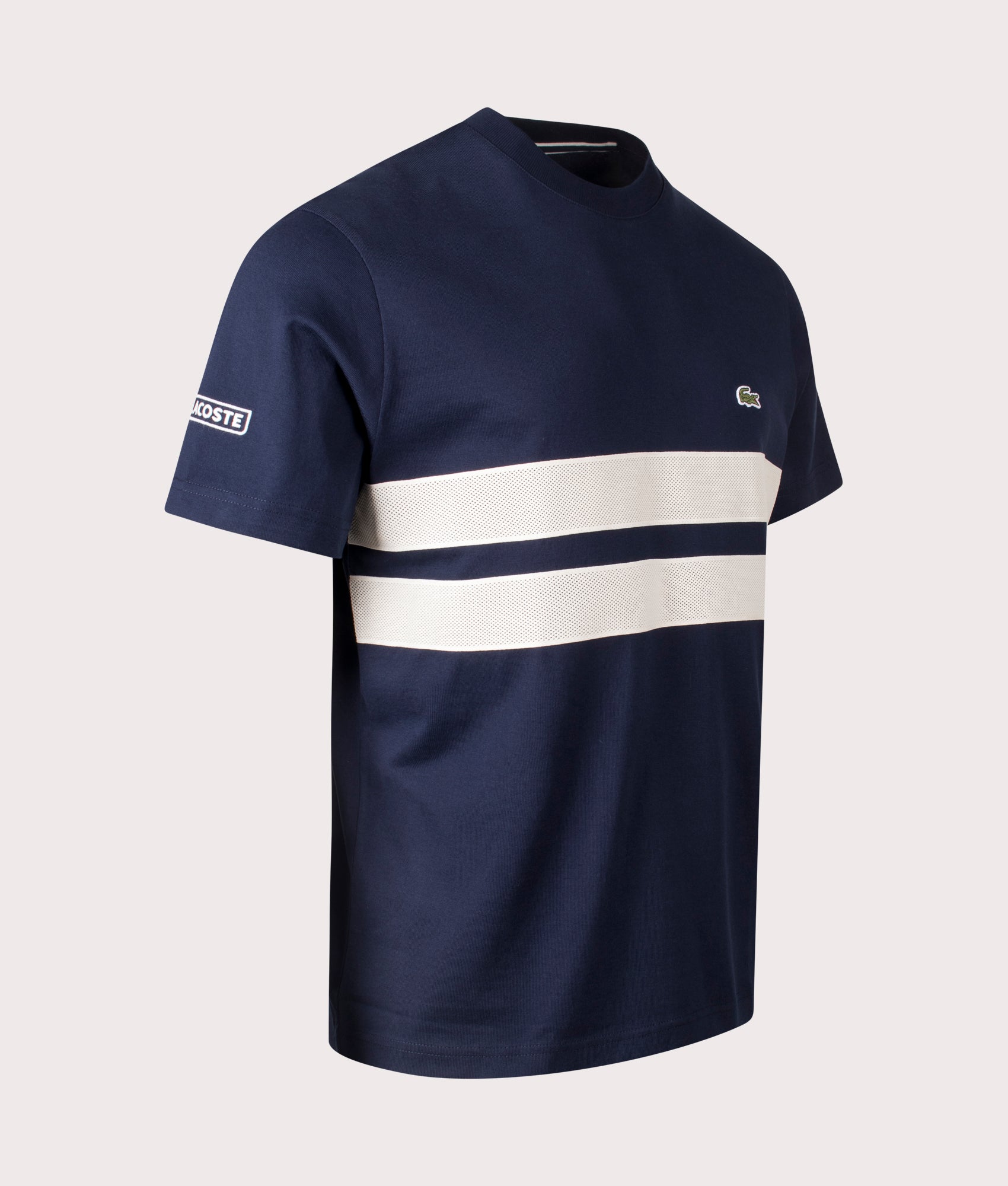 Lacoste Heavy Jersey Mesh Band T-shirt in Navy Blue. Shot at EQVVS. Side Shot
