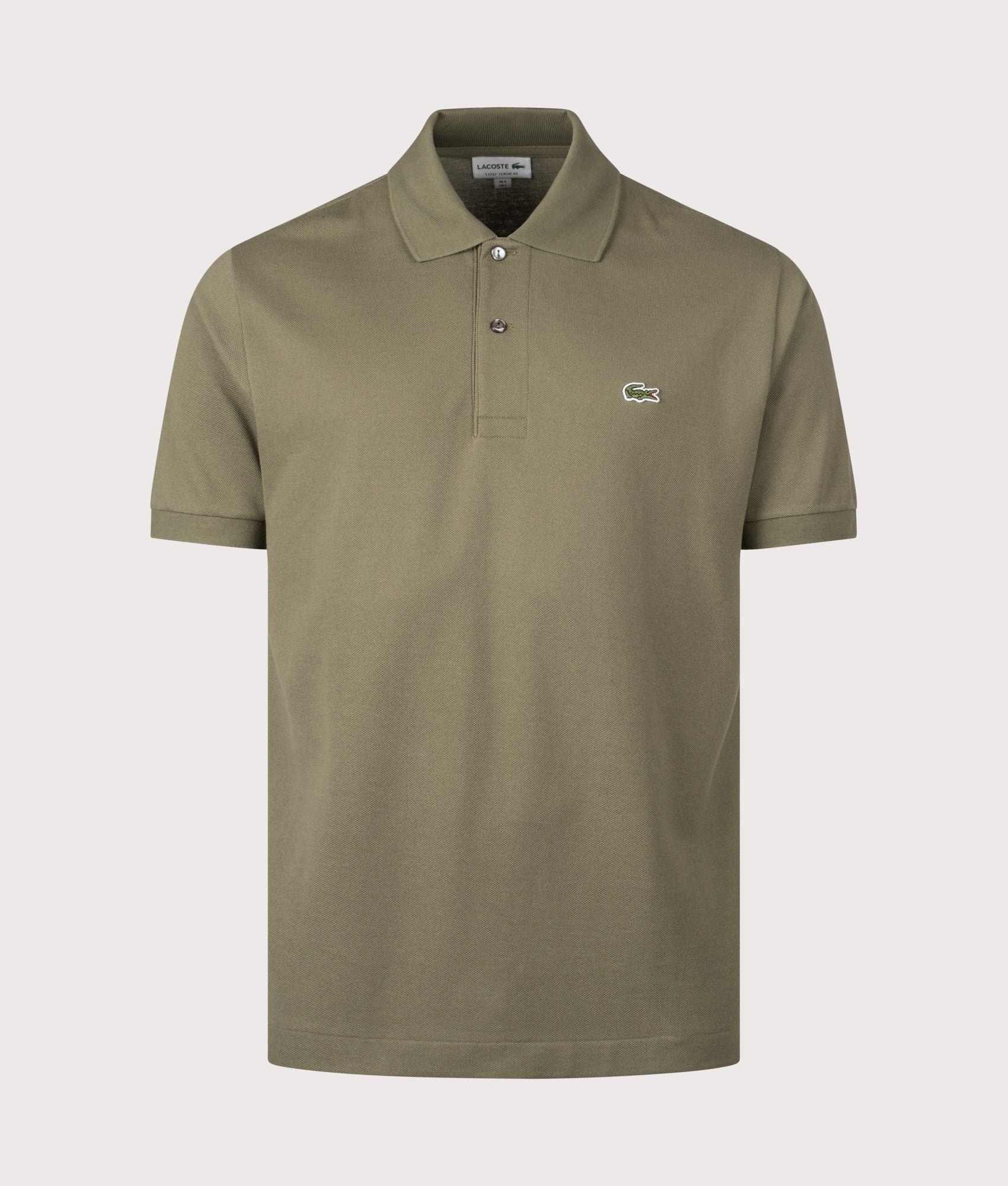 Lacoste Classic Fit L1212 Croc Logo Polo Shirt in Khaki Green at EQVVS Menswear. Front shot.