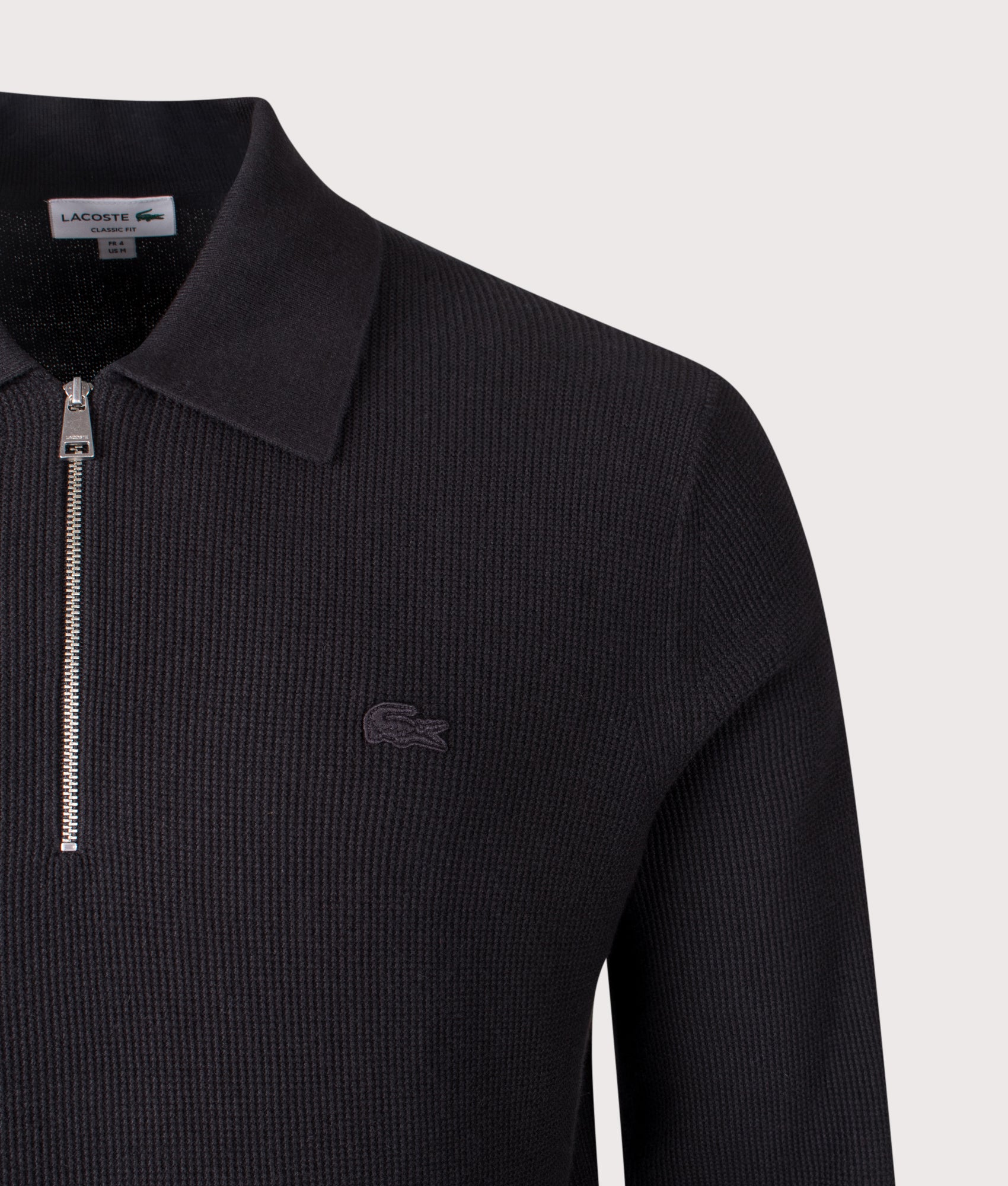 Quarter Zip Polo Sweatshirt in Black | Cotton-wool blend | Lacoste | EQVVS | Front detail shot 