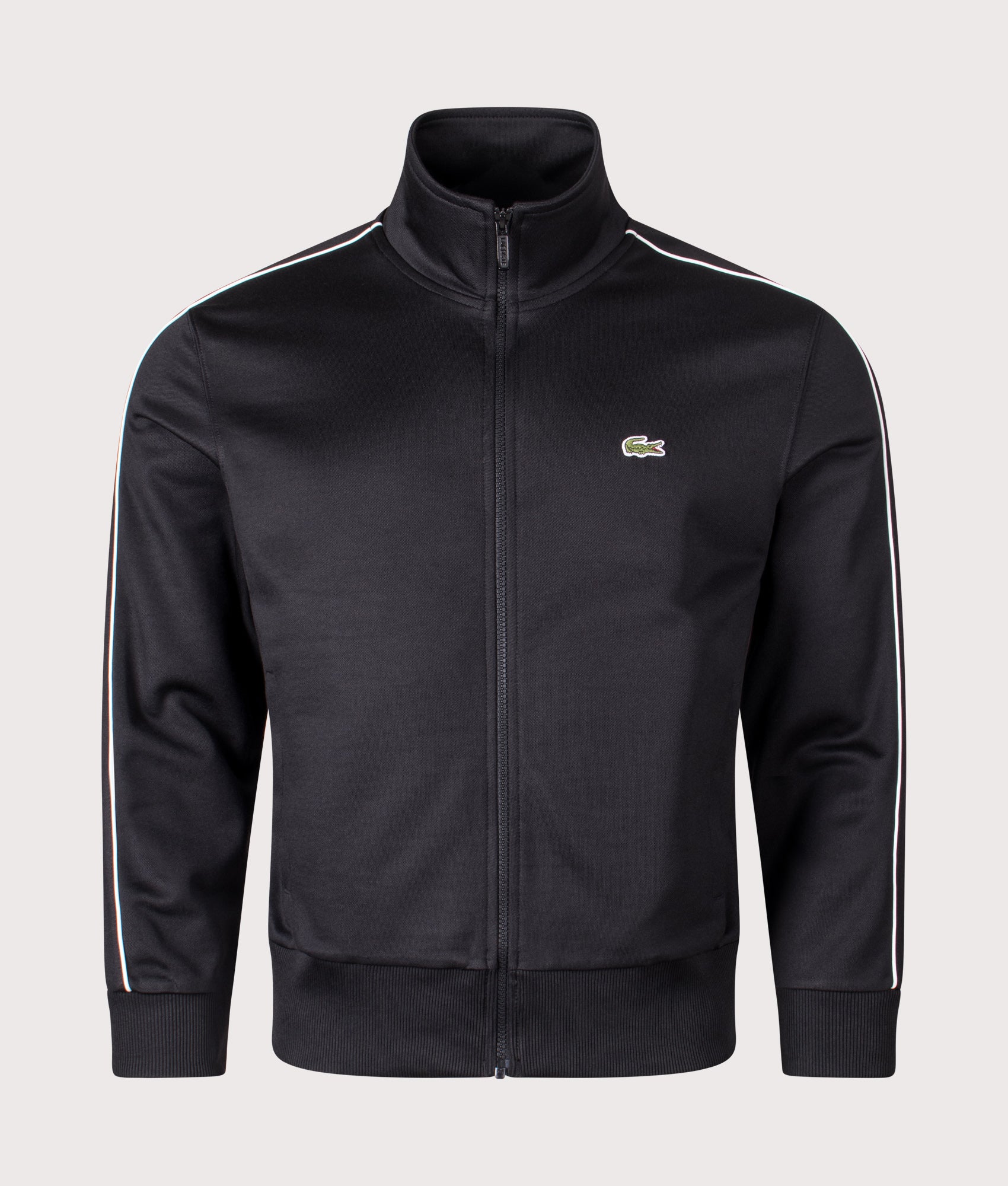 Paris Piqué Zip Front Track Jacket in Black | Lacoste | EQVVS | Front shot 