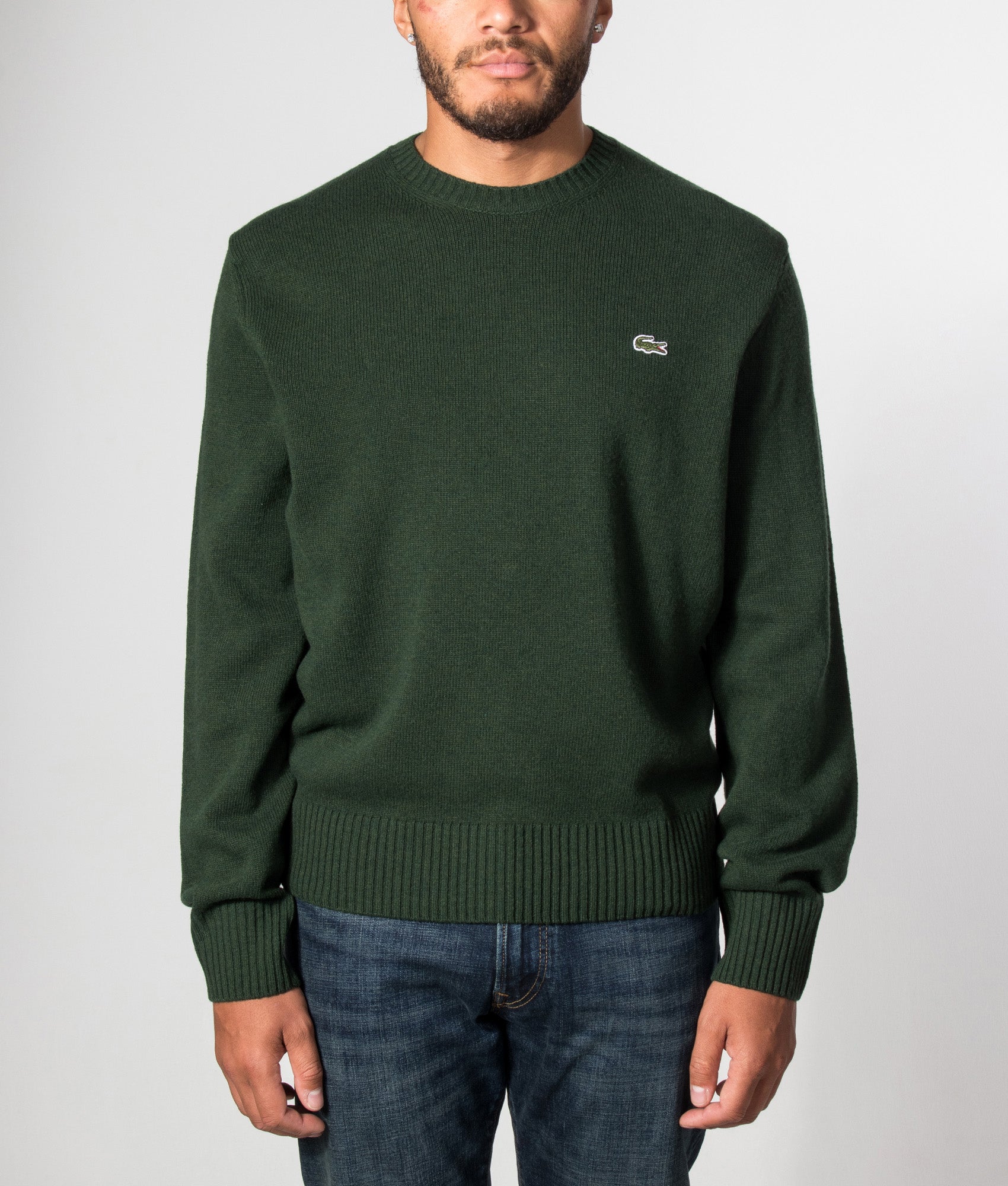 Lacoste Classic Fit Wool Crewneck Jumper in Sinople Green at EQVVS Menswear. Model front shot.