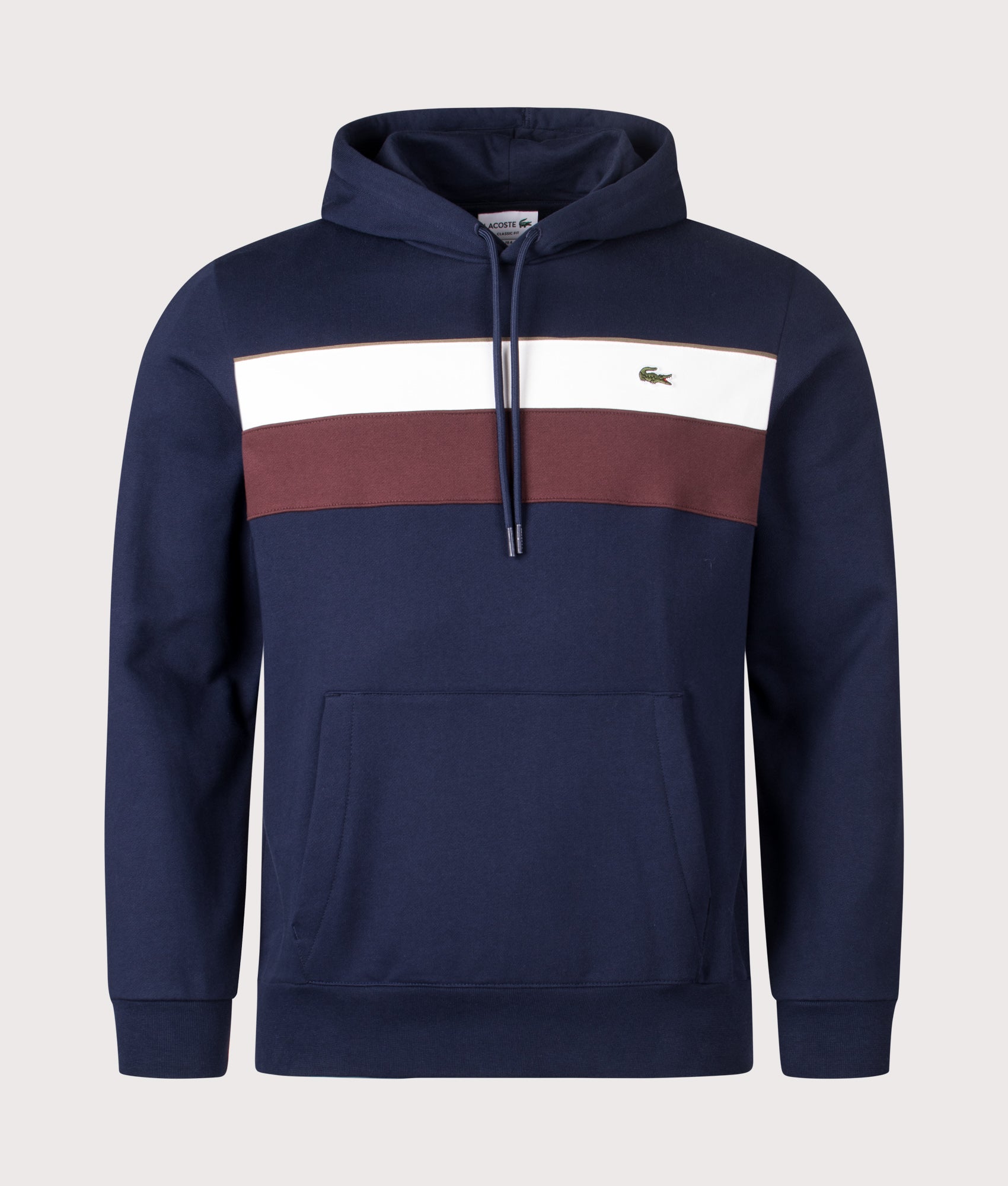 Colourblock Hoodie in Navy Blue/Flour-Red Vermouth. | 100% Cotton | Lacoste | Shot at EQVVS | Front shot