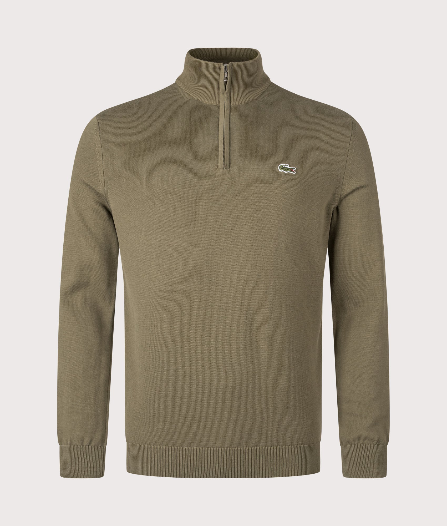 Lacoste Zip Through High Neck Sweatshirt in Khaki Green at EQVVS Menswear. Front shot.