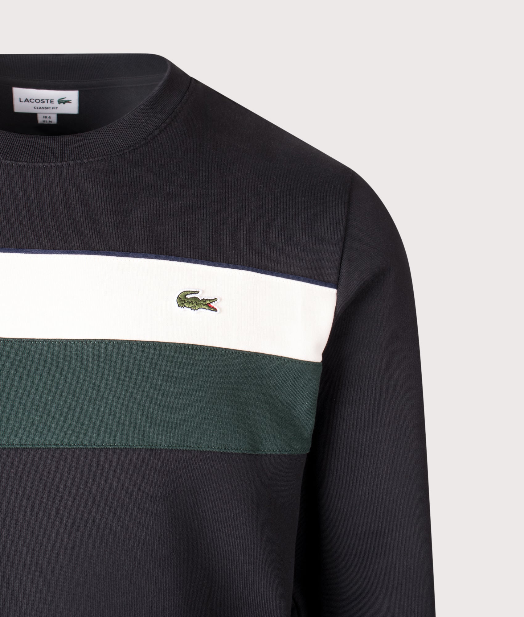 Colourblock Fleece Sweatshirt in Black/Lapland-Sinople . | 100% Cotton| Lacoste | Shot at EQVVS | Front detail shot 