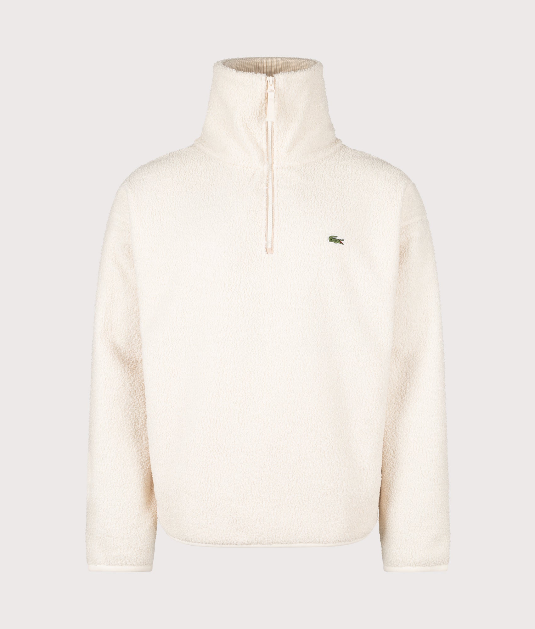 Relaxed Fit Quarter Zip Neck Polar Fleece Sweatshirt in Lapland | Lacoste | EQVVS | Front collar up shot 