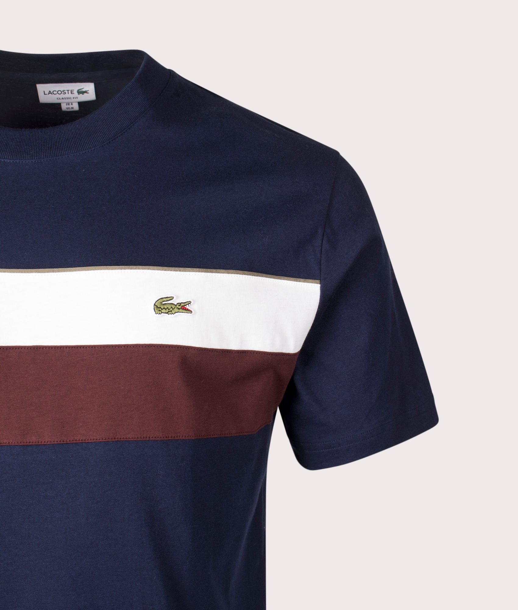 Colourblock Jersey T-Shirt in Navy Blue/Flour-Red Vermouth | 100% Cotton | Lacoste | EQVVS | Front detail shot 