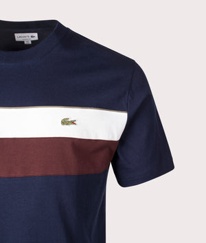 Colourblock Jersey T-Shirt in Navy Blue/Flour-Red Vermouth | 100% Cotton | Lacoste | EQVVS | Front detail shot 