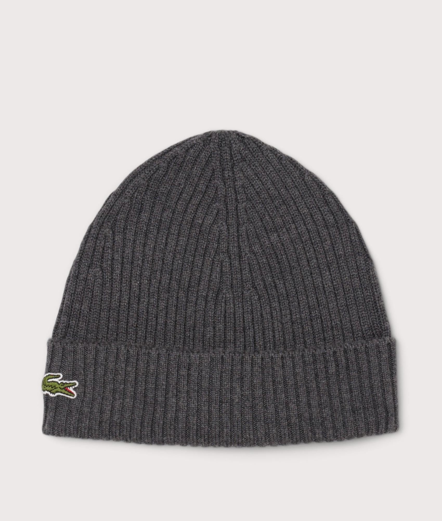 Lacoste Rib Knit Brushed Wool Beanie in Pitch Chine at EQVVS Menswear. Front shot.