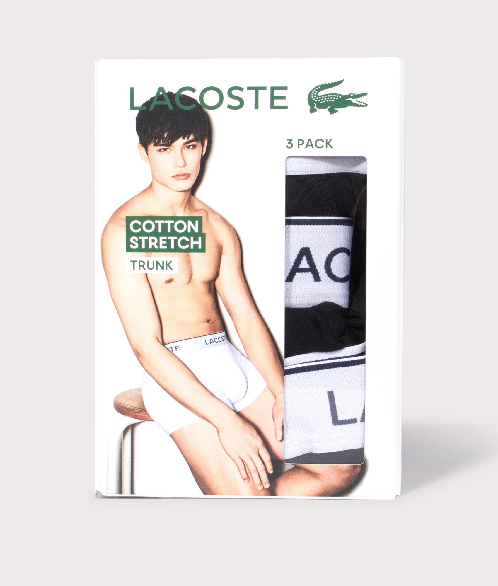 3 Pack Stretch Cotton Trunks in Black | Lacoste | EQVVS | Box shot 